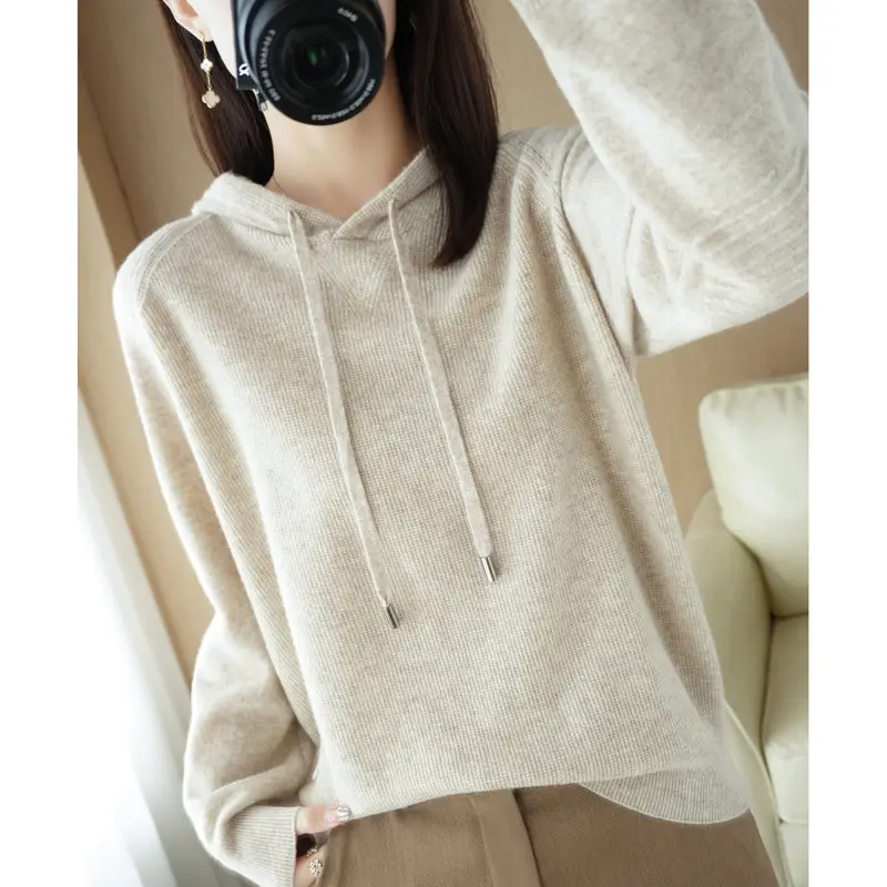 Women Wool Blended Hooded Sweatshirt Orange Loose Fit
