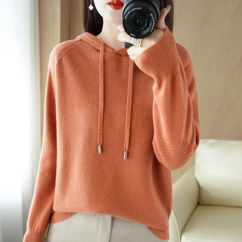 Women Wool Blended Hooded Sweatshirt Orange Loose Fit