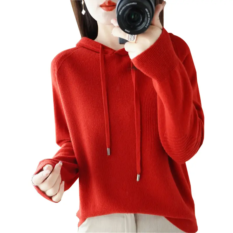 Women Wool Blended Hooded Sweatshirt Orange Loose Fit