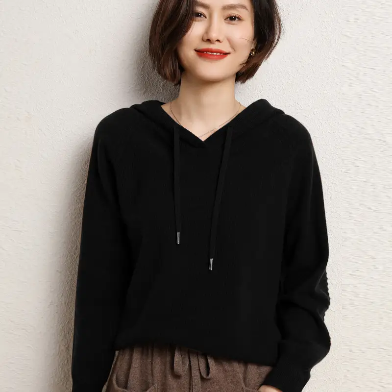 Women Wool Blended Hooded Sweatshirt Orange Loose Fit