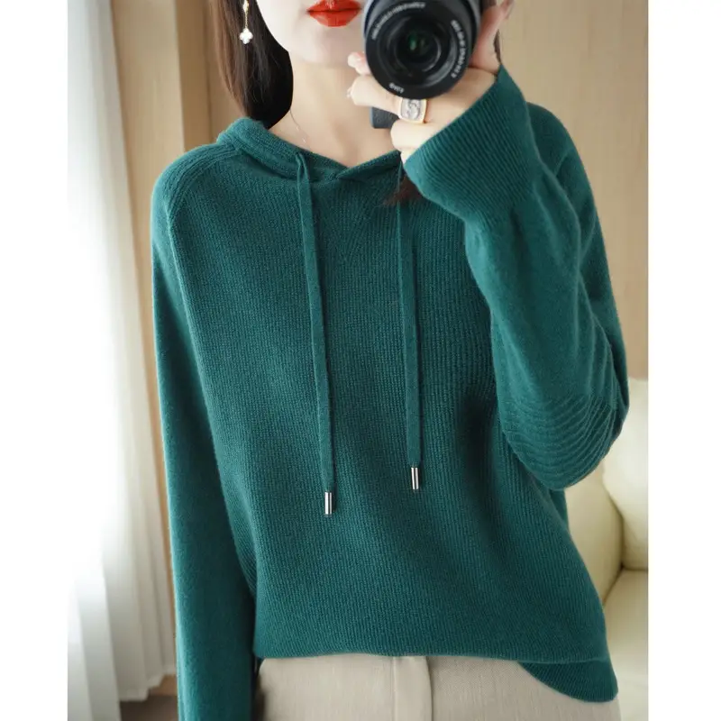 Women Wool Blended Hooded Sweatshirt Orange Loose Fit