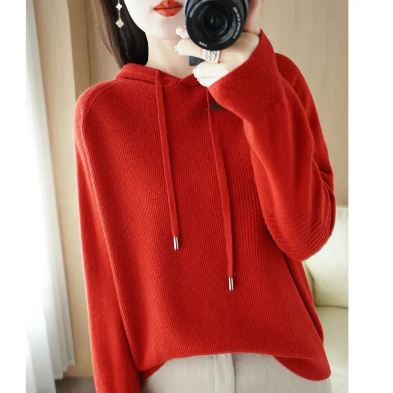 Women Wool Blended Hooded Sweatshirt Orange Loose Fit
