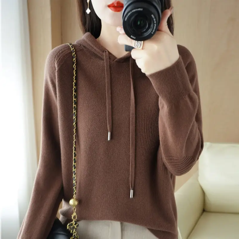 Women Wool Blended Hooded Sweatshirt Orange Loose Fit