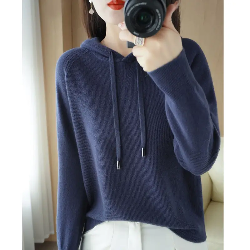 Women Wool Blended Hooded Sweatshirt Orange Loose Fit