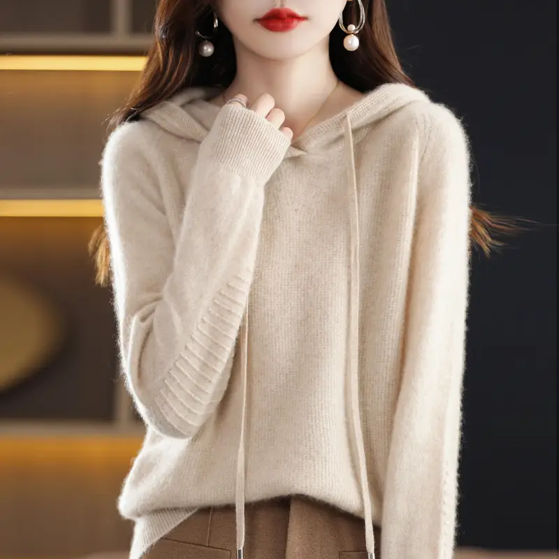 Women Wool Blended Hooded Sweatshirt Orange Loose Fit