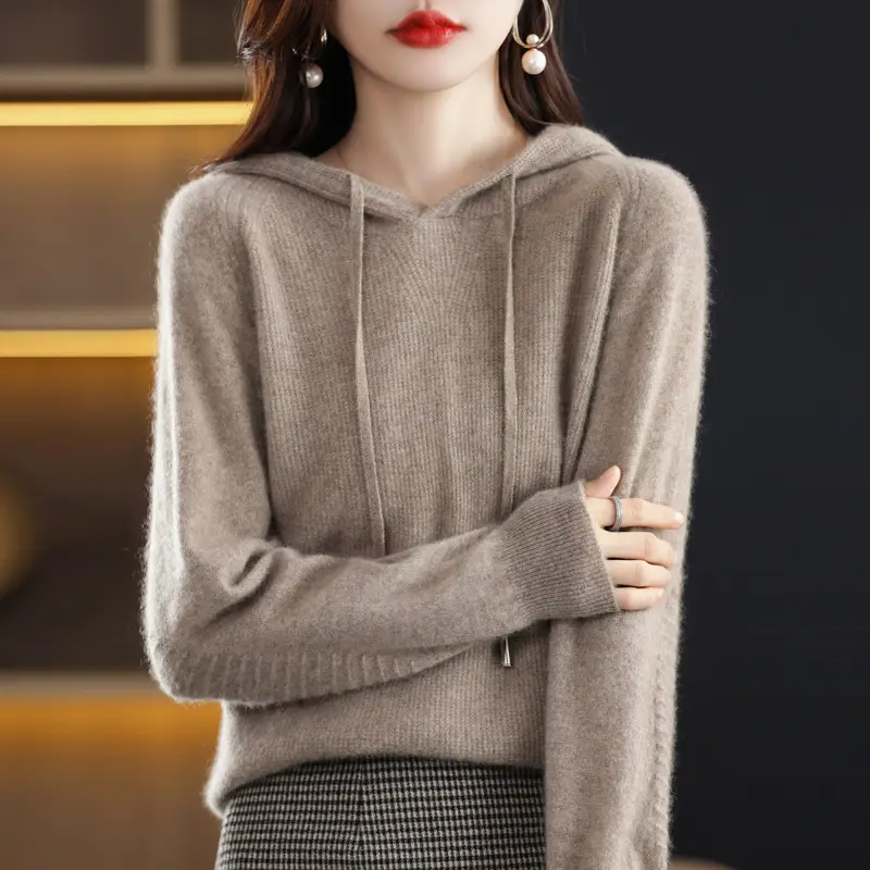 Women Wool Blended Hooded Sweatshirt Orange Loose Fit
