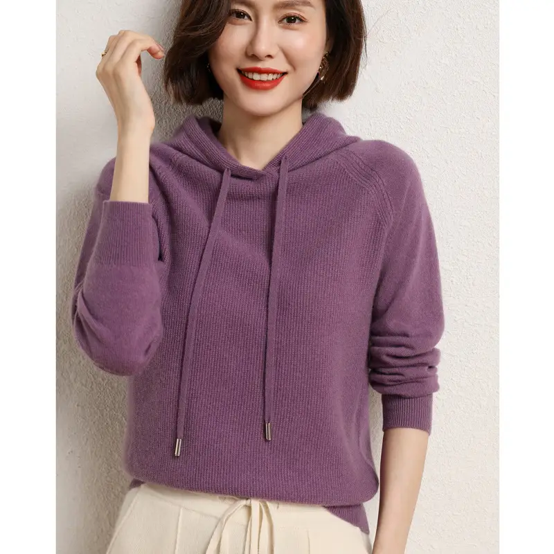 Women Wool Blended Hooded Sweatshirt Orange Loose Fit