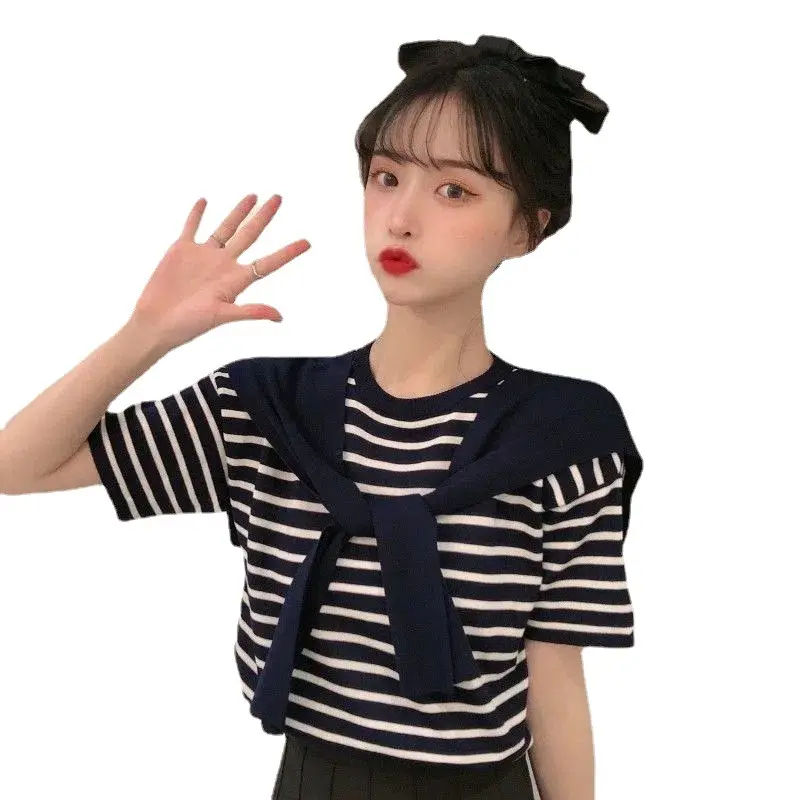 Women Striped Short Sleeve Shawl Sweater Set Spring Summer 2023 - Image 10