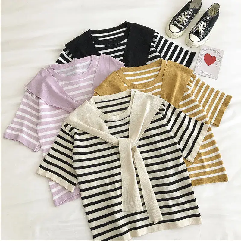 Women Striped Short Sleeve Shawl Sweater Set Spring Summer 2023 - Image 2
