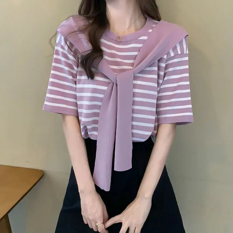 Women Striped Short Sleeve Shawl Sweater Set Spring Summer 2023 - Image 3