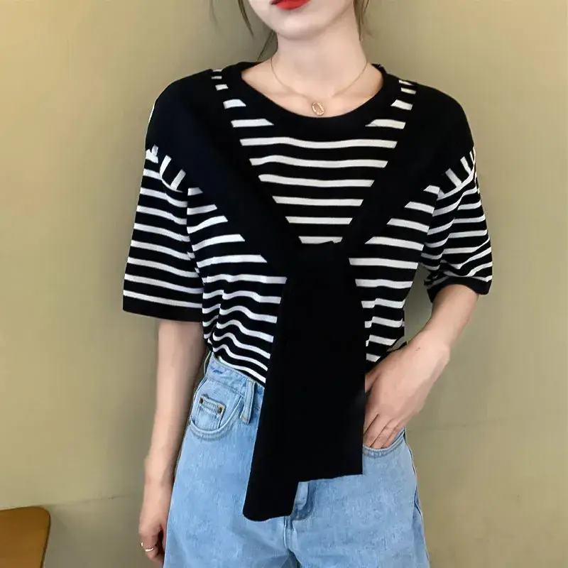Women Striped Short Sleeve Shawl Sweater Set Spring Summer 2023 - Image 4