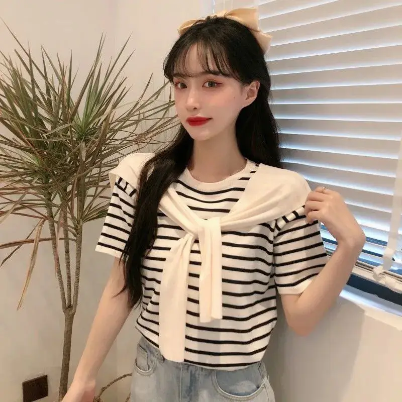 Women Striped Short Sleeve Shawl Sweater Set Spring Summer 2023 - Image 5
