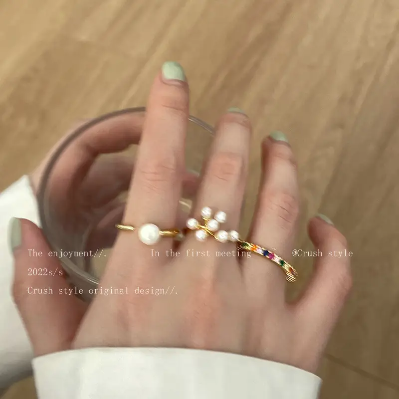 Butterfly Pearl Drop Glaze Open Ring Gold Tone - Image 6