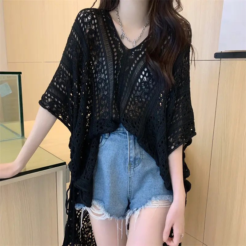 White Lace V-Neck Knit Blouse Women - Image 4
