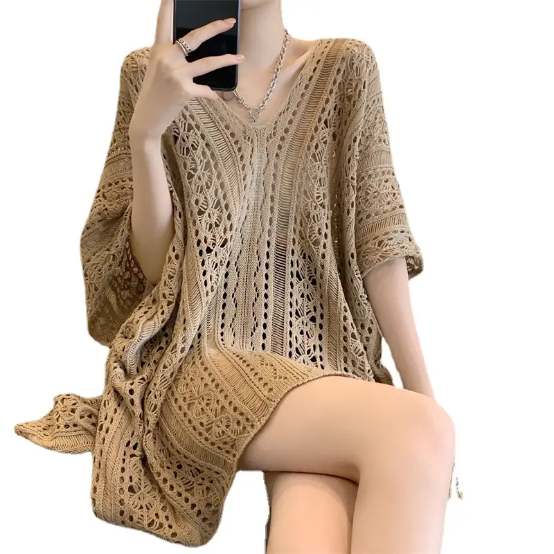 White Lace V-Neck Knit Blouse Women - Image 6