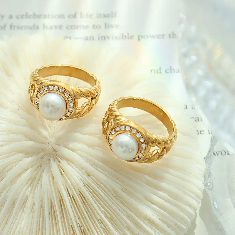 European & American Hip Hop Pearl Zircon Rings Gold Plated - Image 3