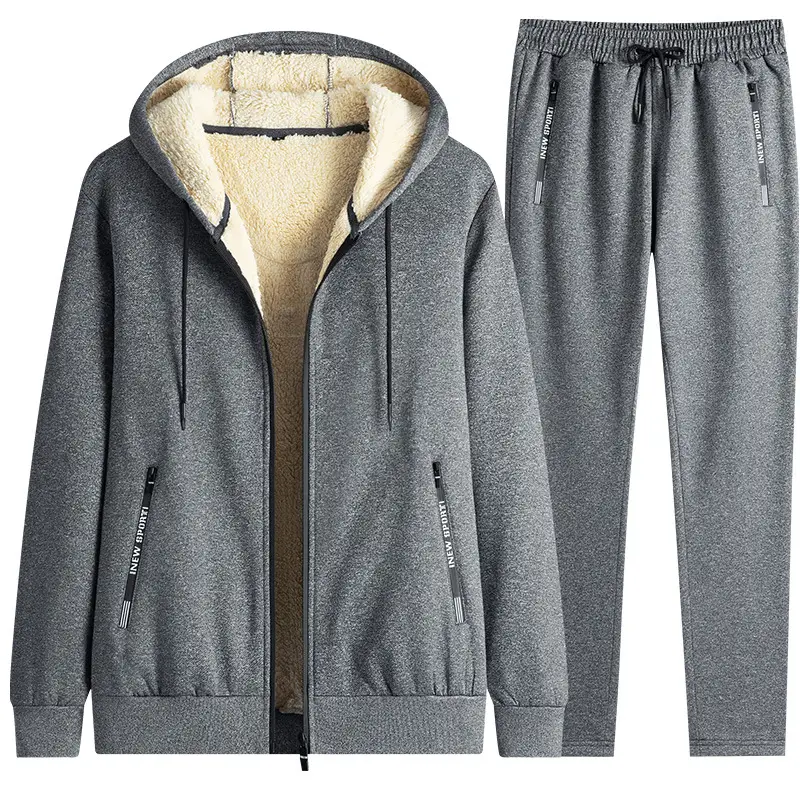 Men Grey Fleece Hoodie Pants Set Large Spring Autumn Wear - Image 6
