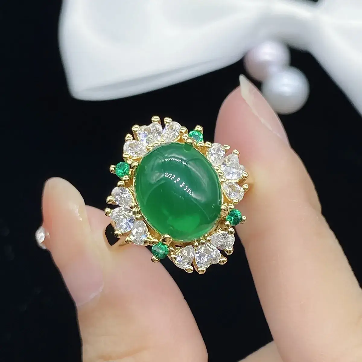 Green Zircon Open Ring with Diamond Set for Women - Image 2