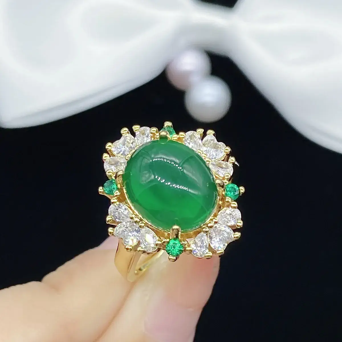 Green Zircon Open Ring with Diamond Set for Women - Image 5