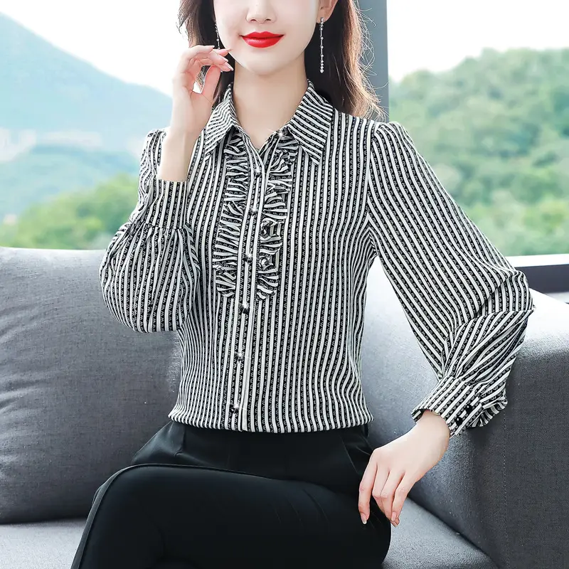 Women Silk Striped Long Sleeve Mom's Blouse Autumn 2025 - Image 6