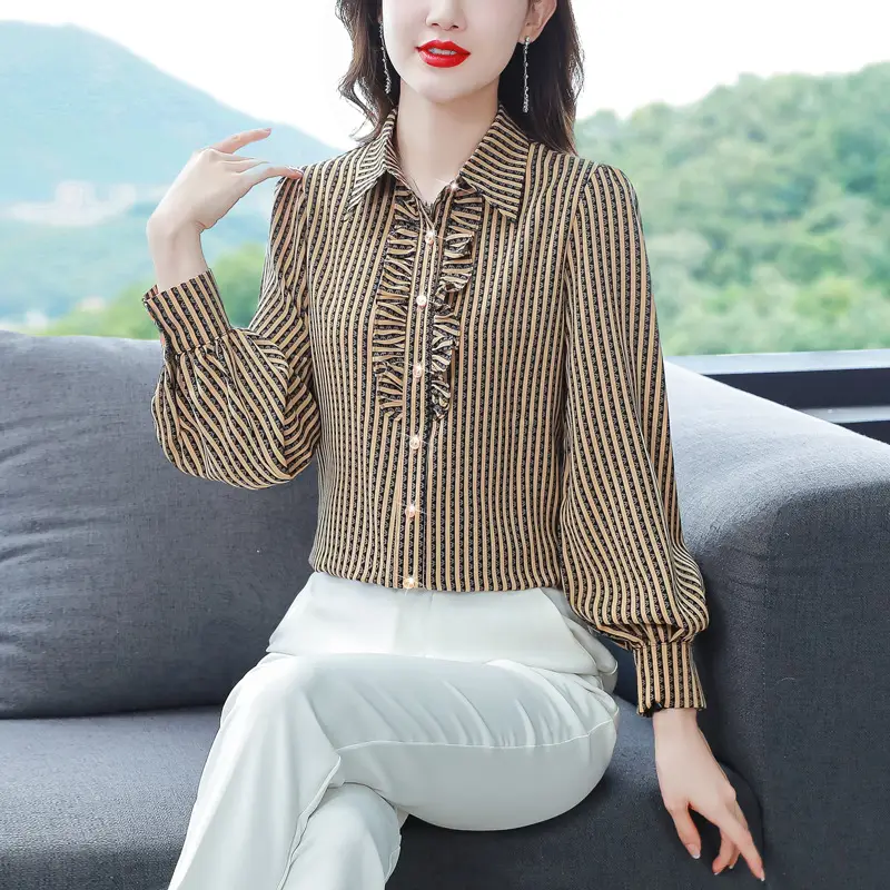 Women Silk Striped Long Sleeve Mom's Blouse Autumn 2025 - Image 7