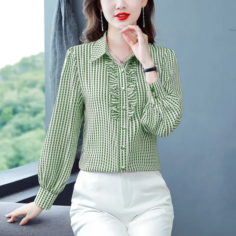 Women Silk Striped Long Sleeve Mom's Blouse Autumn 2025 - Image 8