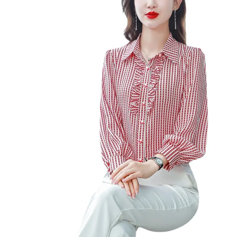 Women Silk Striped Long Sleeve Mom's Blouse Autumn 2025 - Image 9
