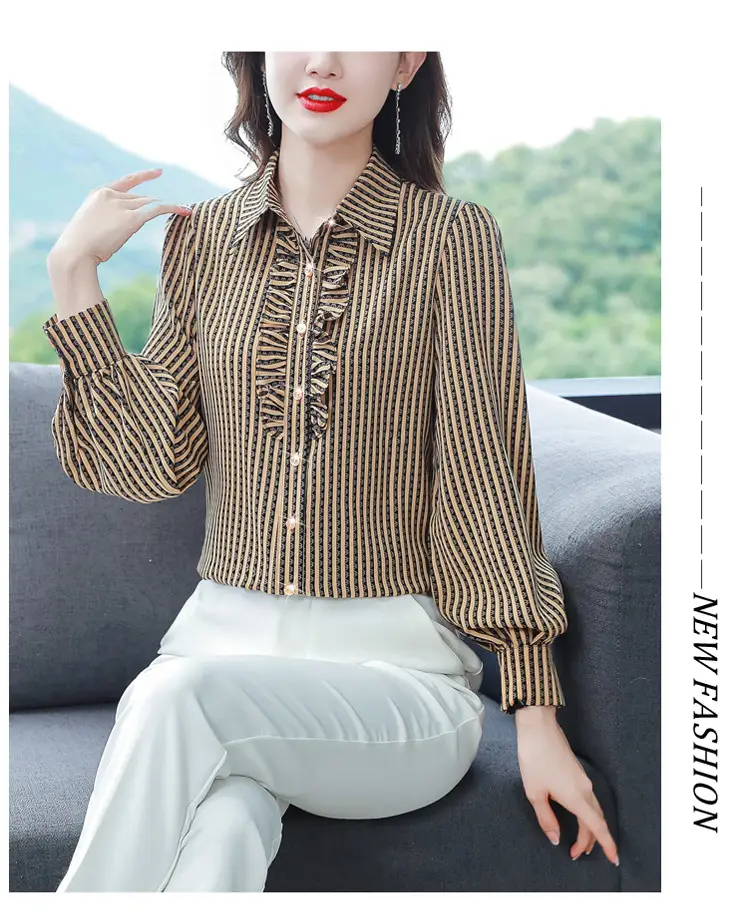 Women Silk Striped Long Sleeve Mom's Blouse Autumn 2025 — feature 13