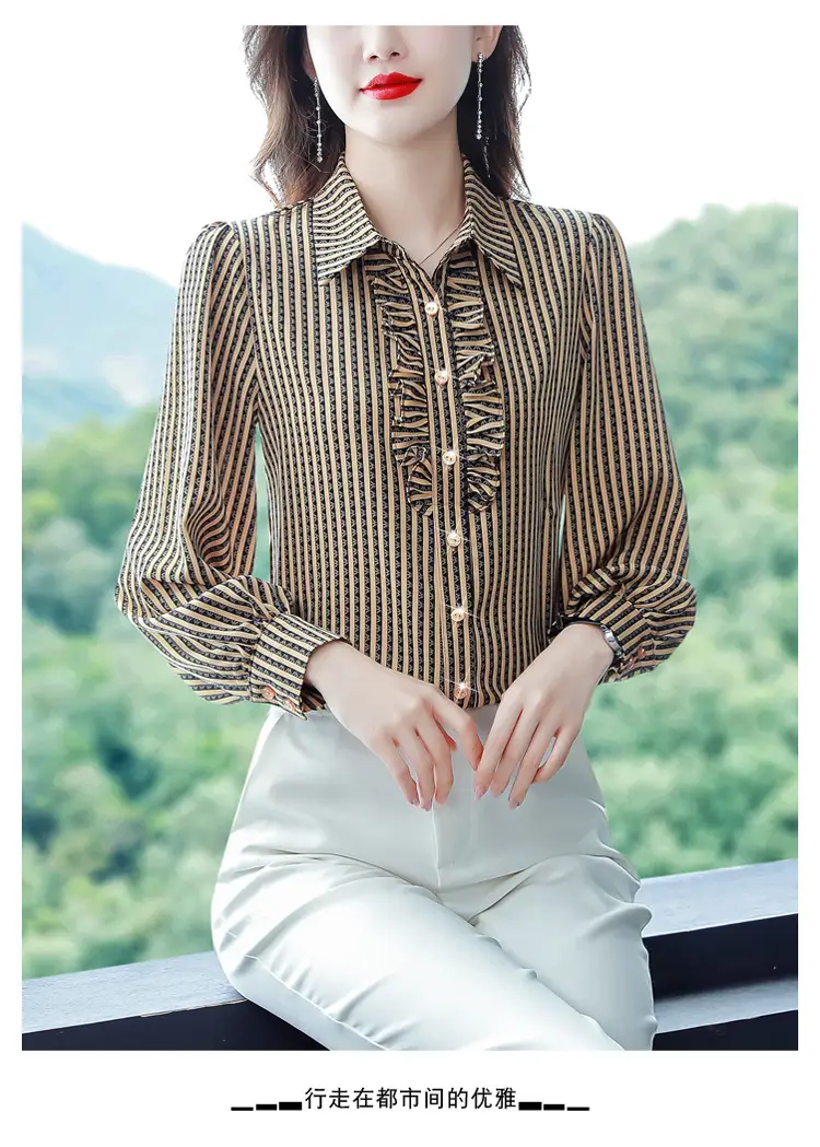 Women Silk Striped Long Sleeve Mom's Blouse Autumn 2025 — feature 14