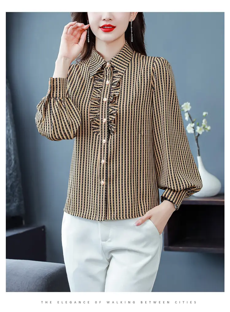 Women Silk Striped Long Sleeve Mom's Blouse Autumn 2025 — feature 16