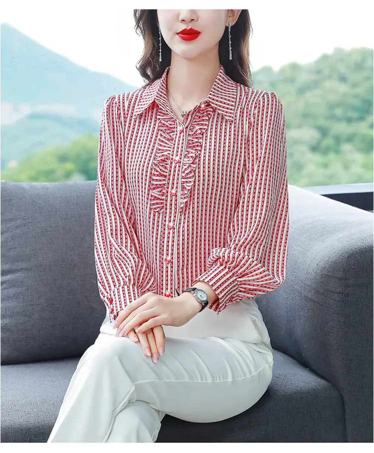 Women Silk Striped Long Sleeve Mom's Blouse Autumn 2025 — feature 17