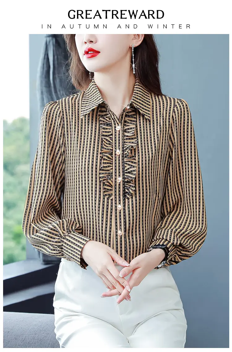 Women Silk Striped Long Sleeve Mom's Blouse Autumn 2025 — feature 2