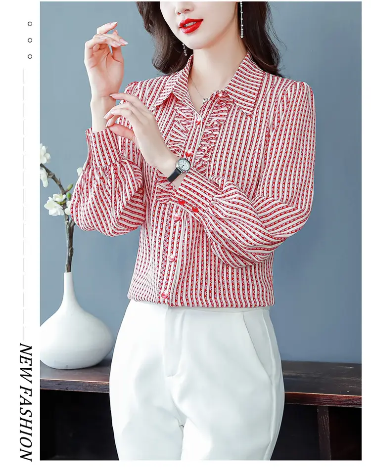 Women Silk Striped Long Sleeve Mom's Blouse Autumn 2025 — feature 22