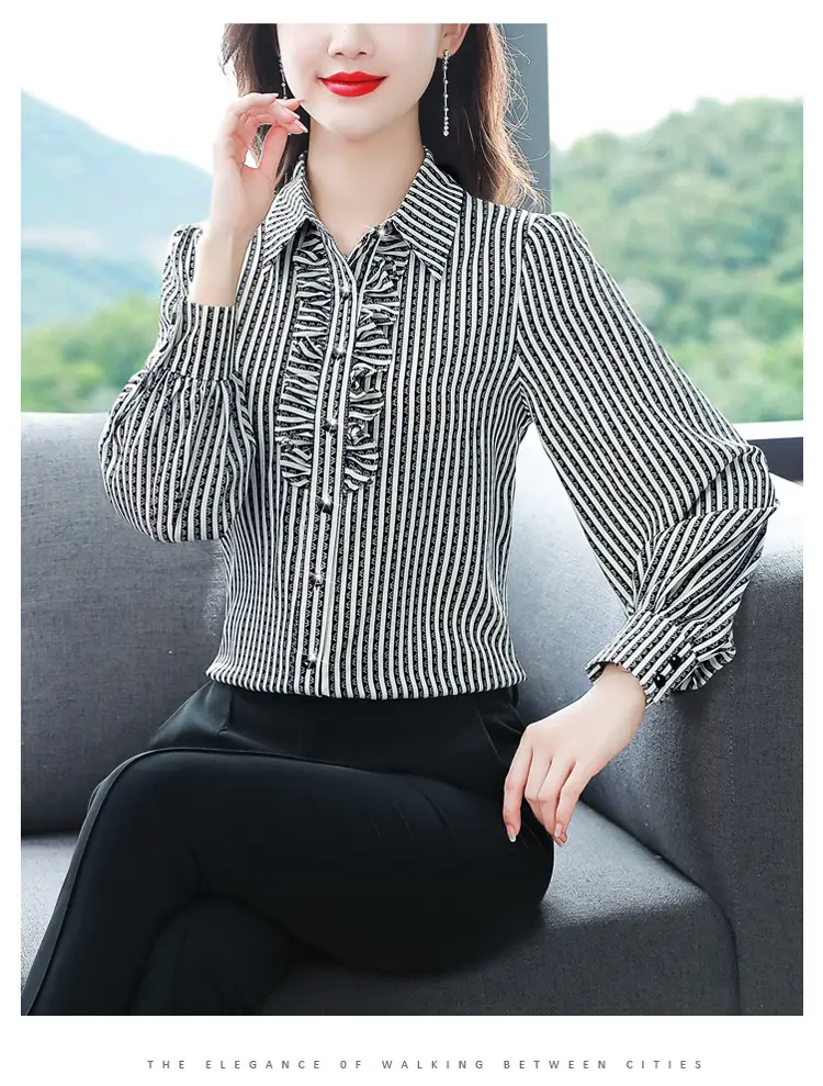 Women Silk Striped Long Sleeve Mom's Blouse Autumn 2025 — feature 23