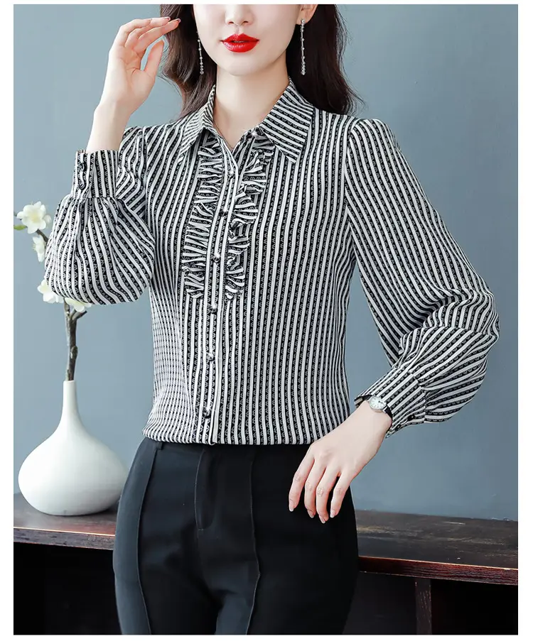 Women Silk Striped Long Sleeve Mom's Blouse Autumn 2025 — feature 26