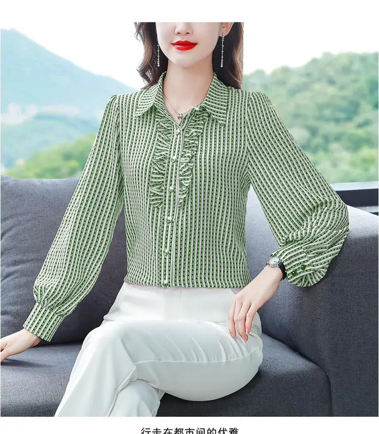 Women Silk Striped Long Sleeve Mom's Blouse Autumn 2025 — feature 29