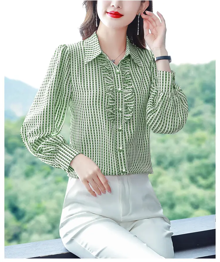 Women Silk Striped Long Sleeve Mom's Blouse Autumn 2025 — feature 31