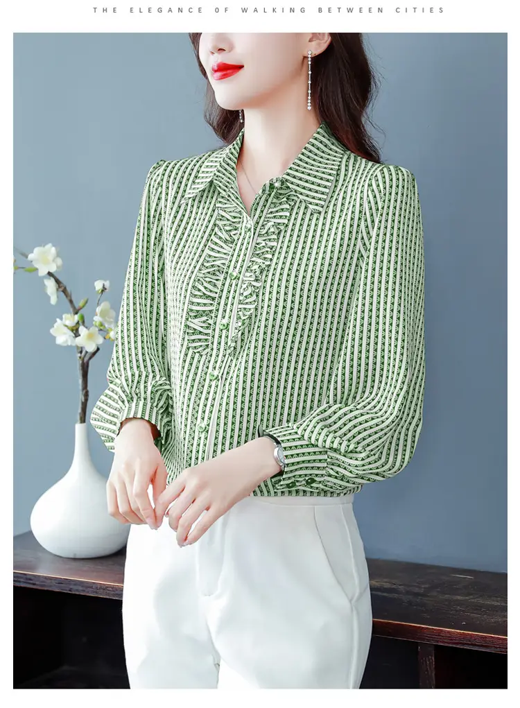 Women Silk Striped Long Sleeve Mom's Blouse Autumn 2025 — feature 32