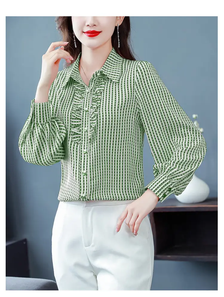 Women Silk Striped Long Sleeve Mom's Blouse Autumn 2025 — feature 33