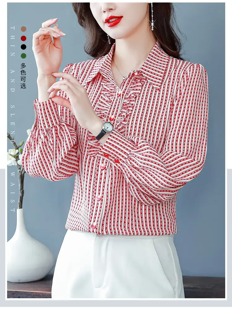 Women Silk Striped Long Sleeve Mom's Blouse Autumn 2025 — feature 4