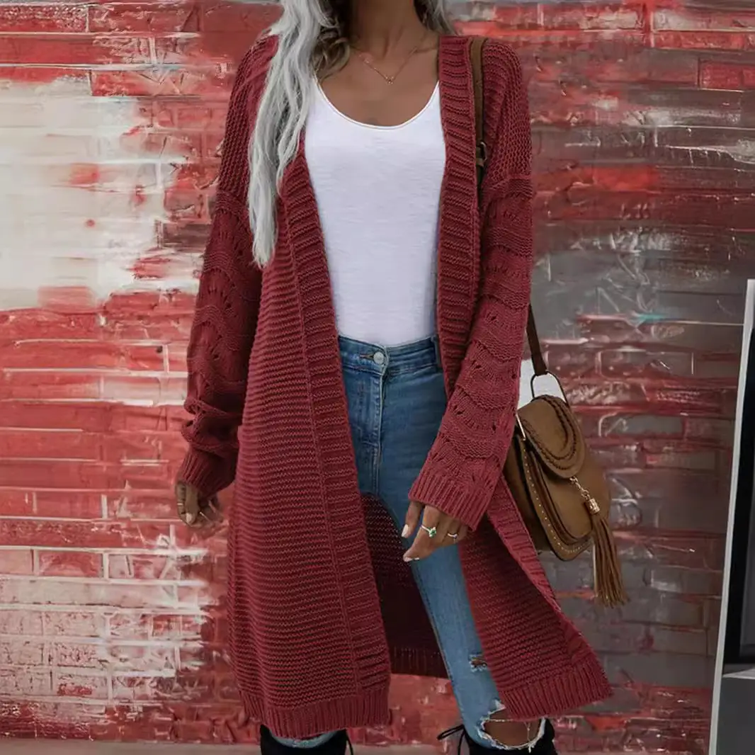 2024 Long Knitted Cardigan Red Solid Color - Image 10