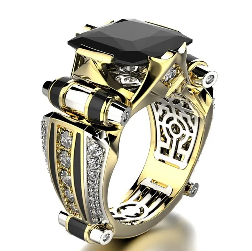 Huajie Luxurious Gold Zircon Ring with Black Stone & Crystal Accents - Image 2
