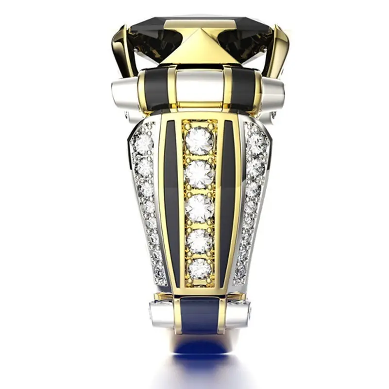 Huajie Luxurious Gold Zircon Ring with Black Stone & Crystal Accents - Image 3