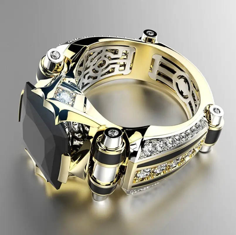Huajie Luxurious Gold Zircon Ring with Black Stone & Crystal Accents - Image 4