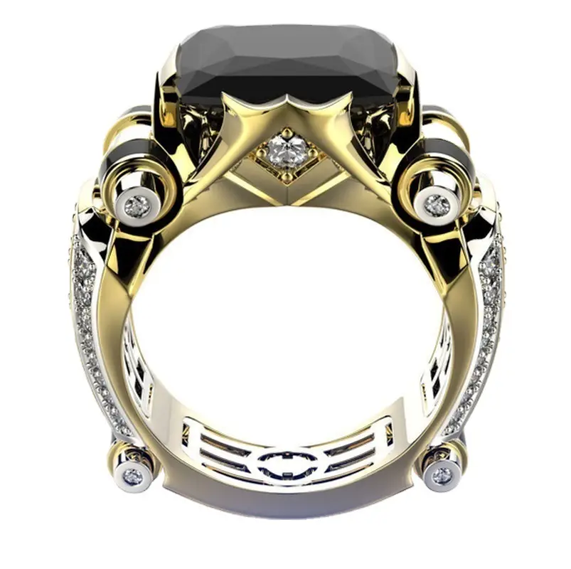 Huajie Luxurious Gold Zircon Ring with Black Stone & Crystal Accents - Image 5