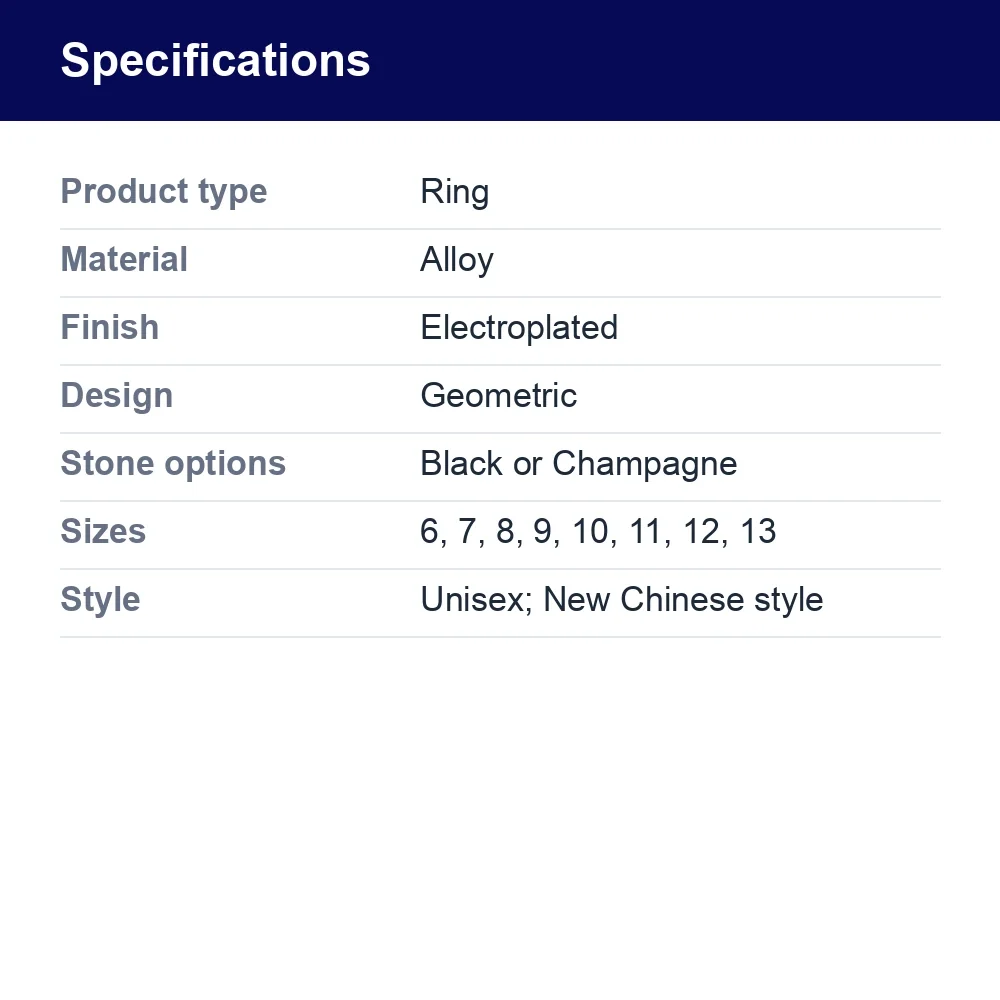 Geometric Gold-Tone Zircon Ring with Black or Champagne Stone – specifications