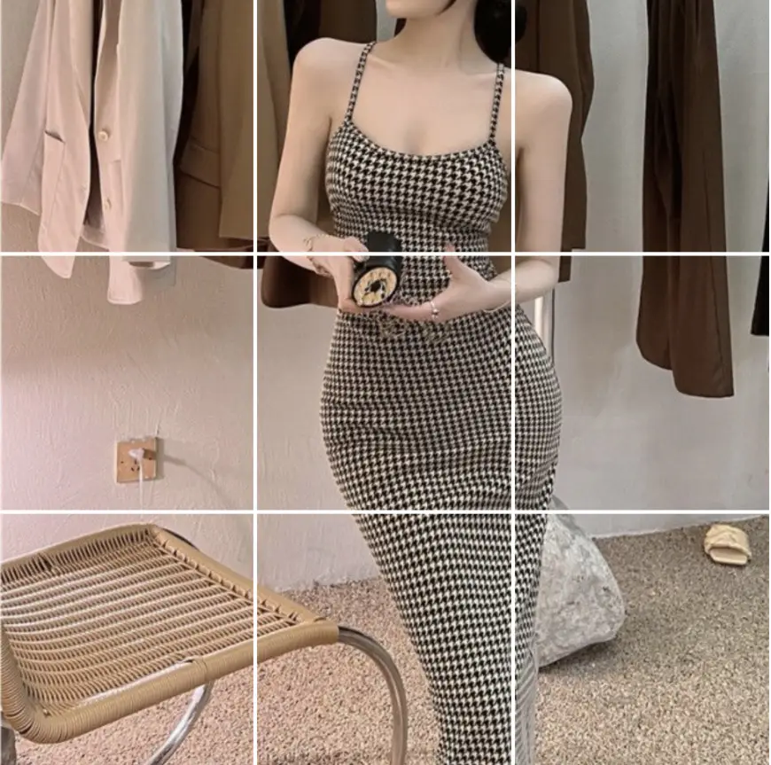 Houndstooth Hollow Backless Strap Dress Women French Retro Split Dress Skirt 8797 - Image 2