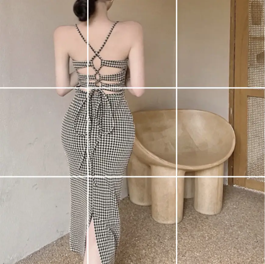 Houndstooth Hollow Backless Strap Dress Women French Retro Split Dress Skirt 8797 - Image 5