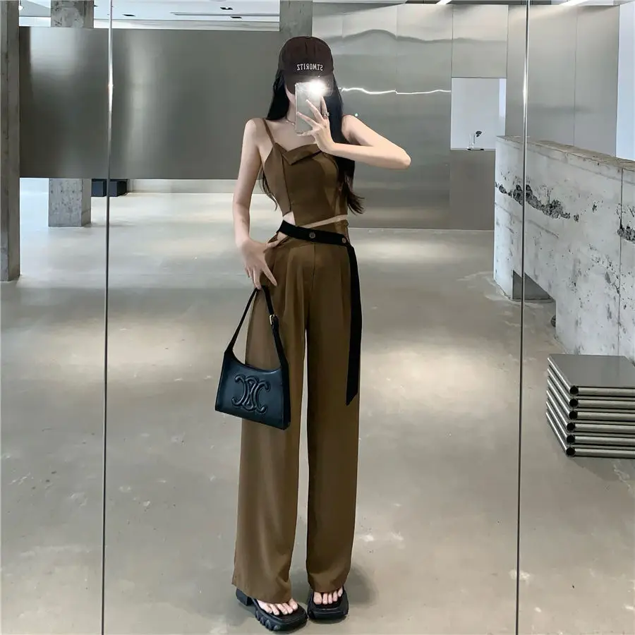 Women Camisole & Wide Leg Pants Set Black Green