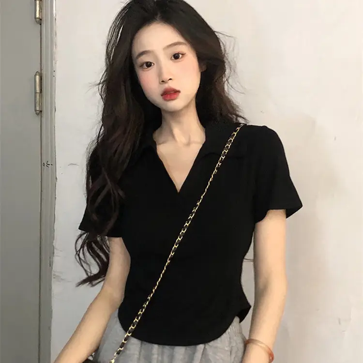 Women Black V-Neck T-Shirt Short Sleeve Summer - Image 2